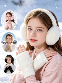 1Set Teen Girls Soft Plush Winter Accessory Set, Foldable Fluffy Earmuffs & Ribbed Knit Fingerless Gloves For Daily School Outdoor And Holiday Gifts - Earmuffs + Gloves - View 1