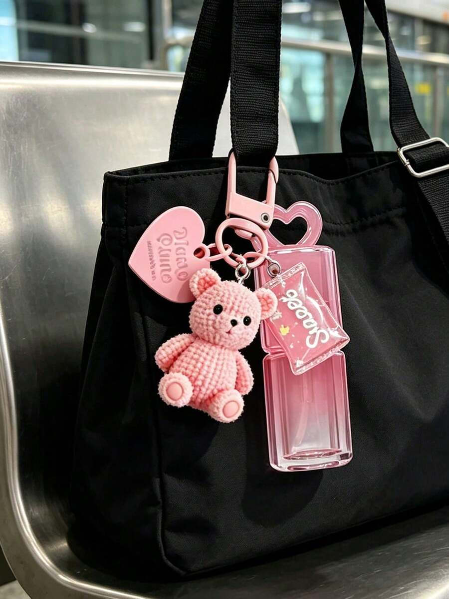 Pink Heart Shaped Hollow Lip Color Tube Key Chain, Portable Lipstick Bottle, With Pink Bear, Flower And Bell Key Chain Pendant, Backpack Decoration,Cute And Stylish Accessory,Ideal Gift For Style-Conscious Individuals,Holiday Gift For Family - Multicolor - View 1