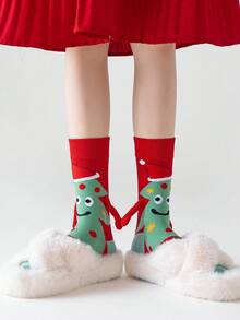 1 Pair Unisex Funny Christmas Socks, 3D Plush Arm Christmas Tree Smiling Face Mid-Calf Socks, Holiday Party Warm Socks, Couple & Friend Gift - Red - View 5