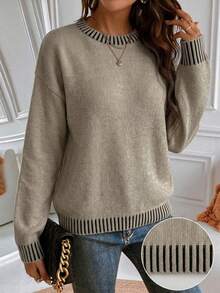 Women's Casual Spring/Autumn , Knit Round Neck Contrast Color Loose Versatile Sweater, Suitable For Commuting And Dating - Khaki - View 2