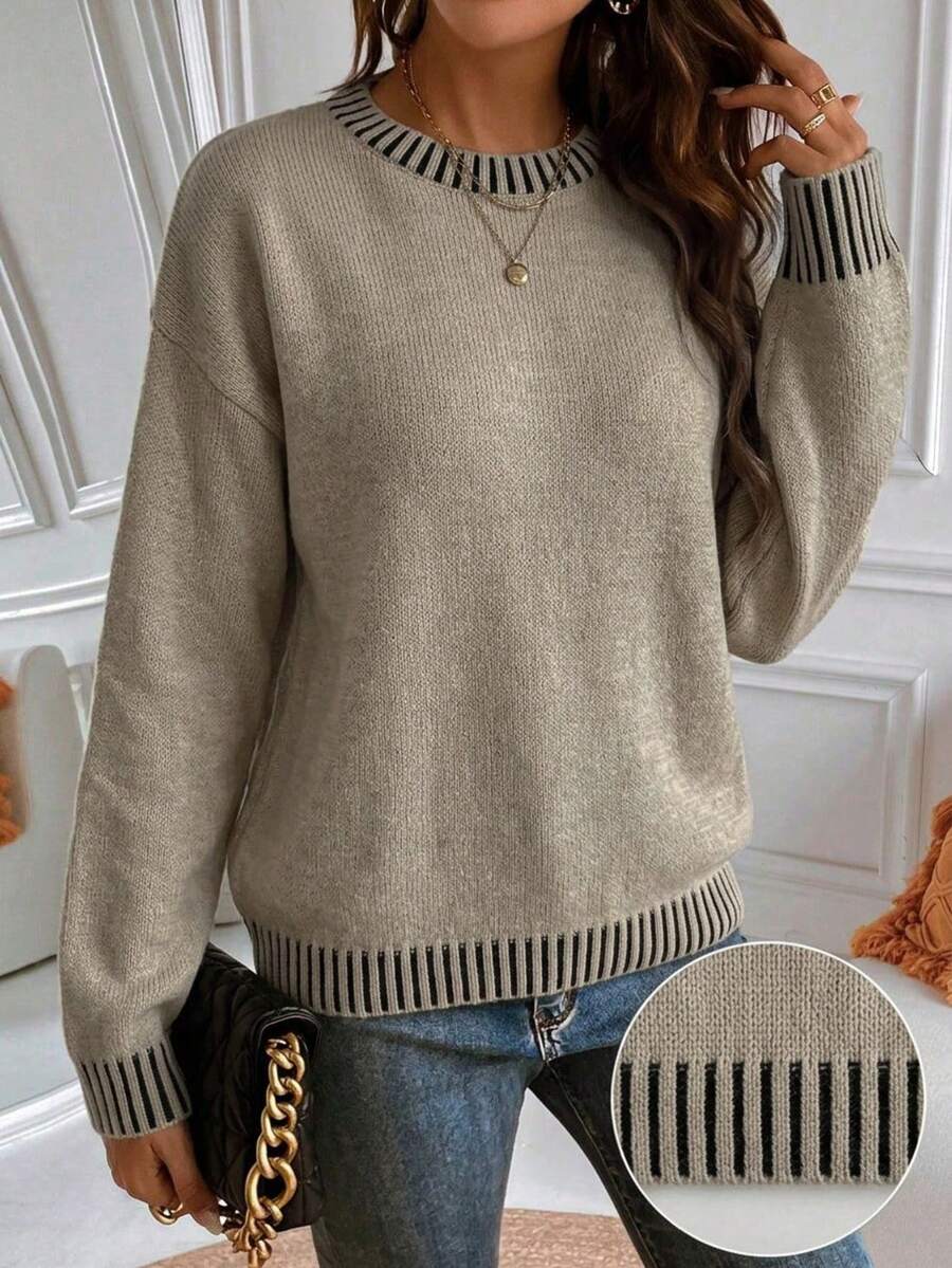 Women's Casual Spring/Autumn , Knit Round Neck Contrast Color Loose Versatile Sweater, Suitable For Commuting And Dating