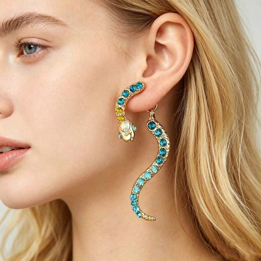 2pcs European And American Style Exaggerated Vintage Zodiac Snake Colorful Rhinestone Stud Earrings, Animal Alloy Pierced Earrings For Women - Colorful - View 1