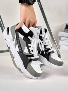 Men's Vintage Versatile Black & Grey Colorblock Leather Patchwork High-Top Sneakers, Thick Sole Street Style Front Lace-Up Design Daily Wear Sports Shoes - White and Black - View 10