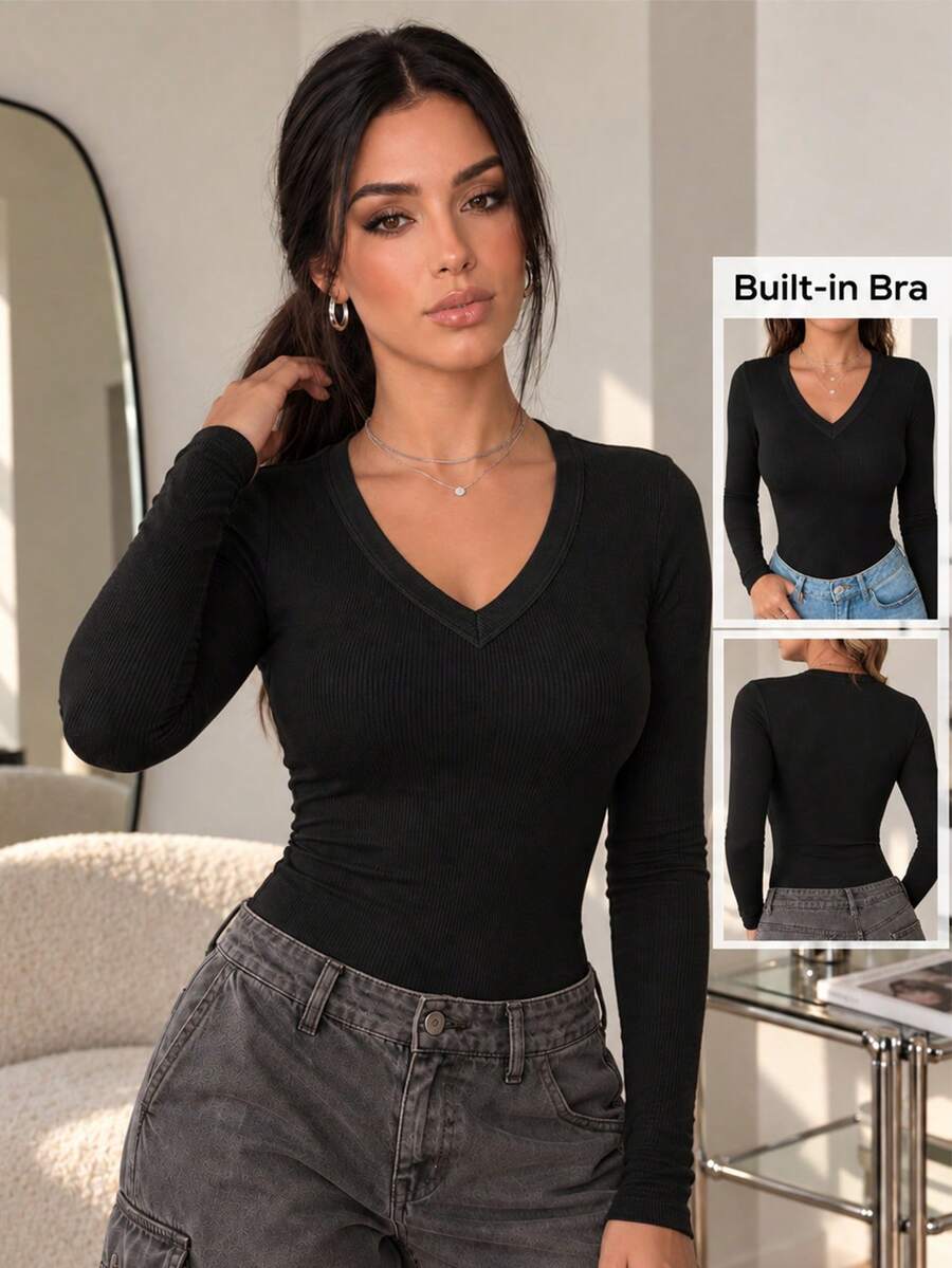 ChicMe ملابس علوية نسائية بياقة على شكل حرف V وأكمام طويلة من نسيج محبوك مضلع مع حمالة صدر مدمجة، طبقة أساسية ضيقة، تي شيرت كاجوال ناعم ومرن - أسود - مشاهدة 1