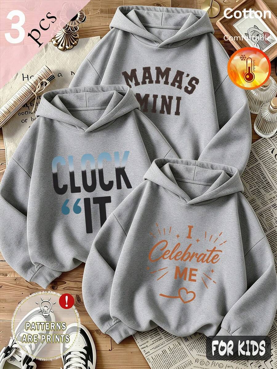 Autumn/Winter 3 Pieces Set Girls' Fleece-Lined Hooded Sweatshirt With "MAMA MINI", "CLOSER", "I Celebrate ME" Print Y2K Style - Heather Gray+Heather Gray+Heather Gray - View 1