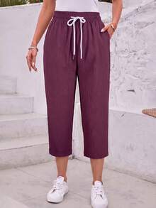 Jisfaneya Women's Solid-Color Lace-Up Pocket Casual Cropped Pants - Purple - View 3