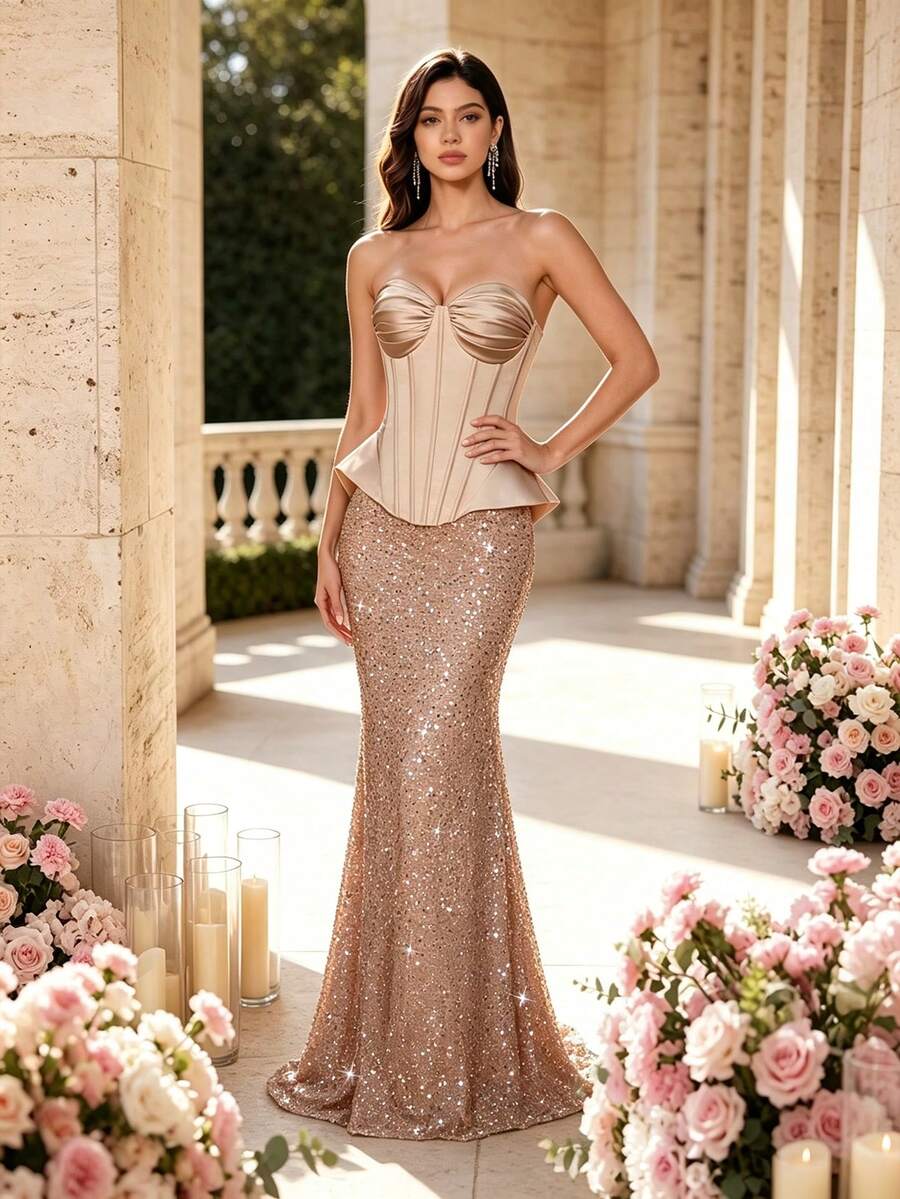 Autumn/Winter Elegant Strapless Satin Corset With Fishbone Structure, Sequin Patchwork Mermaid Hem, 2 In 1 Long Evening Dress, Suitable For Parties, Weddings And Holidays - Champagne - View 1