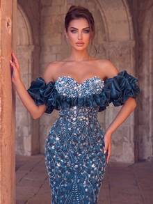 Women's Eye-Catching Sequin Mermaid Long Dress, Fitted Strapless Evening Gown With Pearl And Ruffle Details, Suitable For Formal Occasions - Teal Blue - View 3