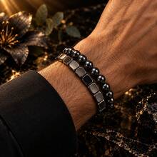 2pcs/Set Men's Black Hematite Beaded Bracelet, Glossy Round Beads & Geometric Square Beads Design, Balance & Inner Strength, Protective Amulet Jewelry - Multicolor - View 4