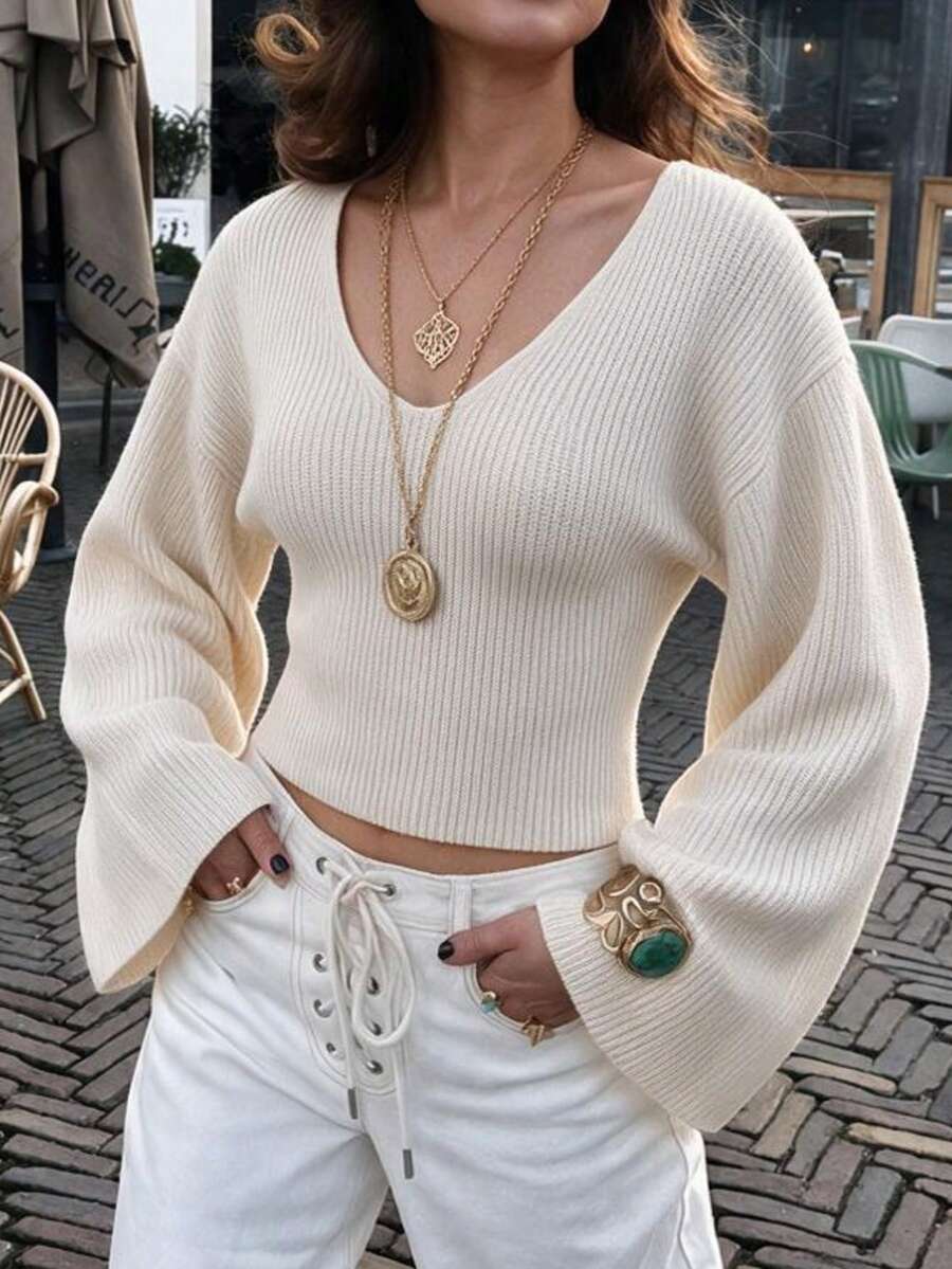 Pull côtelé col V pour femmes, couleur crème, manches longues évasées, top tricoté court coupe slim, streetwear décontracté d'automne - Nude - Voir 1