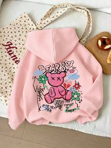1pc Tween Girls' Cartoon Bear & Floral Hooded Sweatshirt, Comfortable For Outdoor Play And Personalized Style, Suitable For Spring/Autumn - Pink - View 1