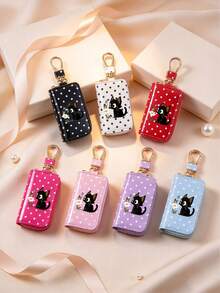 Cute Polka‑Dot Black Cat Print Car Key Case,Glossy PU Leather Zipper Key Holder Pouch With Hook,Portable Mini Key Wallet,Organizer Bag, Gift For Girls - Multicolor - View 3