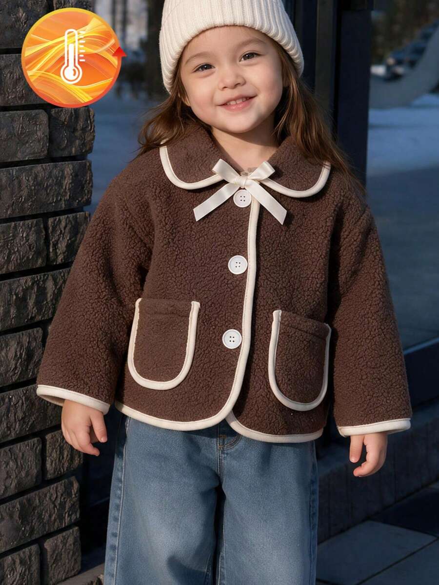 1pc Baby Girl Autumn/Winter Daily Wear Warm Soft Fuzzy Brown Fleece Jacket - Brown - View 1