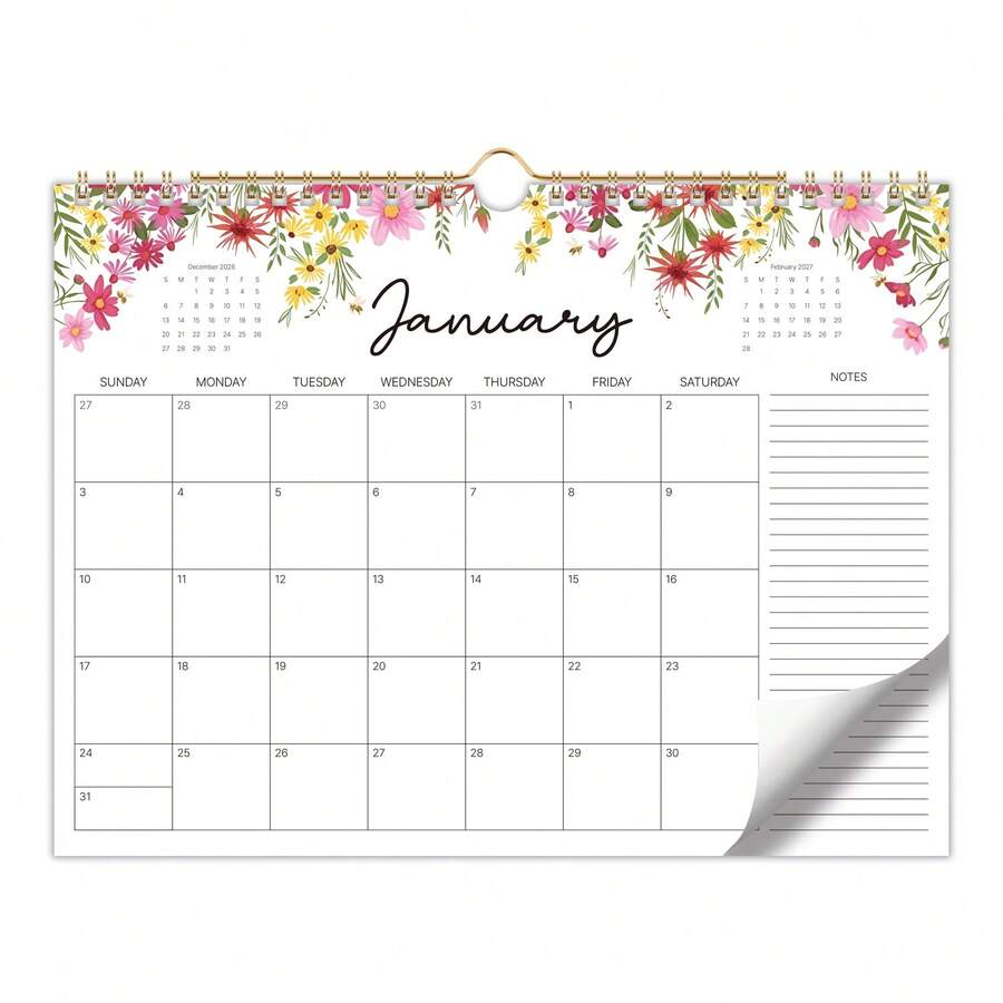 2027 Colorful Floral Wall Calendar, 12-Month Wall Calendar, Large Writing Space + Notes Memo Area, Home Office Schedule Planning - Color-d - View 1
