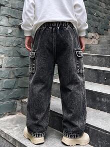 1 chiếc quần dài denim ống đứng hơi rộng phong cách tối giản thời trang cho bé trai - màu đen - Xem 2