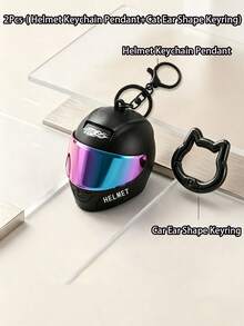 2pcs/Set - Cool Motorcycle Helmet Keychain Pendant With Spare Cat Ear Key Ring Clip, Gradient Lens Helmet Key Chain Motorcycle Bag Charm Bag Accessory, Wallet Charm, Mini Motorcycle Helmet Key Chain Bag Charm, Flip Cover Motorcycle Helmet Rider Keychain Key Ring, Unisex Rider Backpack Car Accessory - Multicolor - View 3