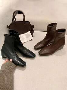Women's Minimalist French Vintage Square Toe Chunky Heel Ankle Boots, Versatile Slimming Ankle Boots For Autumn/Winter - Brown Leather Surface - View 5