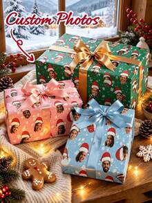 Personalized Christmas Wrapping Paper With Custom Photo Face,Custom Face Gift Wrap,Funny Santa Hat Portrait Gift Wrap For Family Friends Couples,Festive Snowflake Design,Multiple Colors For Holiday Birthday Party Gift Packaging Decor - Multicolor - View 5