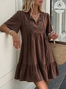 Rusttydustty Women's Pure Cotton Brown Embroidered Patchwork Collar Tie-Up Ruffle Hem Loose Fit A-Line Short Dress, Suitable For Autumn And Halloween - Brown - View 2