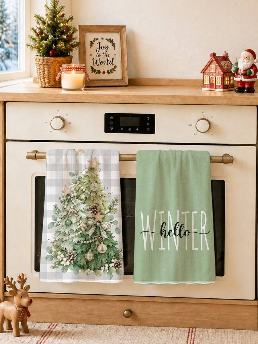 MEMNUN 2pcs Green Plaid Christmas Tree Pattern Printed Kitchen Towels, Soft Polyester Dish Cloths, Suitable For Kitchen Decor, Kitchen Cleaning, Holiday Party Decoration, Kitchen Bathroom Supplies Home Essentials, Home Decor, Housewarming Gift - Multicolor - View 1