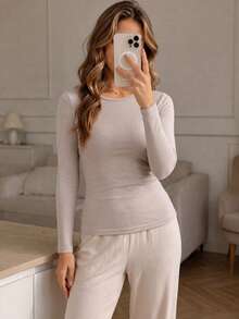Women's Solid Color Round Neck Long Sleeve Thermal Base Layer Top - Khaki - View 1
