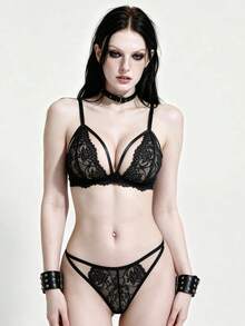Lounge Court Wireless Lace Patchwork Women's Lingerie Set - Black - View 3