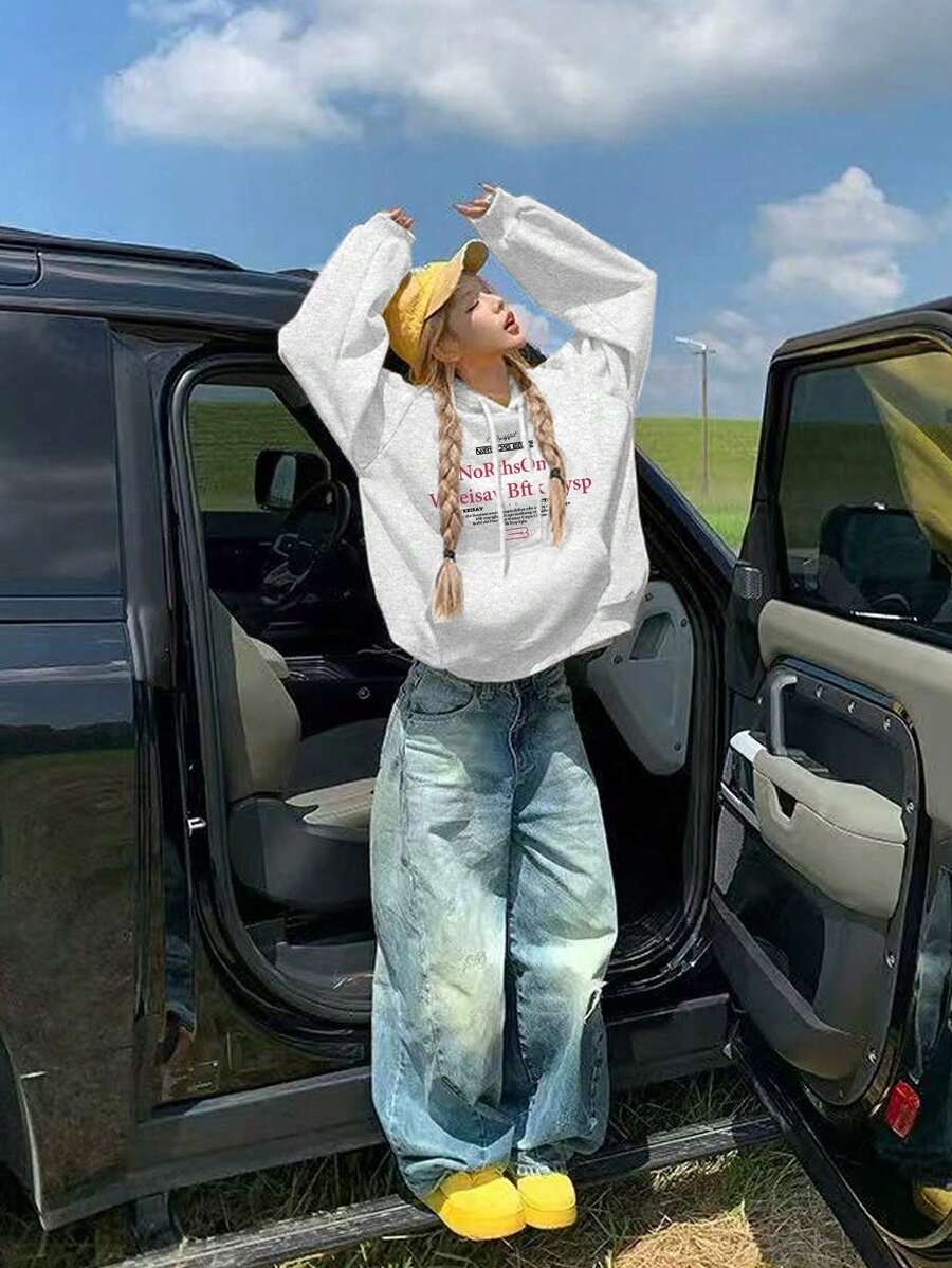 女款字母印花連帽衛衣,秋冬慵懶寬鬆百搭街頭風美式混色灰上衣 - 花灰色 - 查看 1