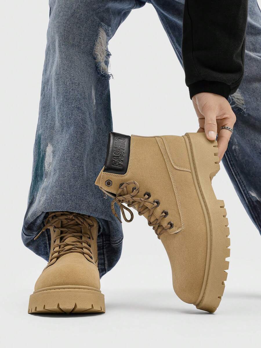 New Autumn/Winter Men's Lace-Up High-Top Ankle Boots, Thick Sole, Plus Size, Side Zipper, Motorcycle Boots, Chunky Heel, Durable Work Boots, Suitable For Outdoor, Halloween, Graduation Season, Camping, Dating, Commuting, Party - Khaki - View 1