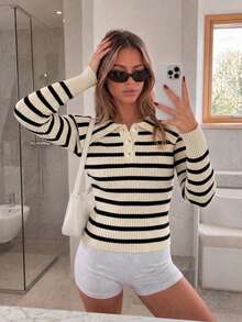 Women's Vintage Striped Long Sleeve Slim Fit Colorblock Front Button Slimming Sweater, Autumn - Apricot - View 2