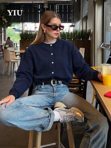 YIU LUMOS Women's Navy Cropped Cardigan, Crew Neck Gold Button Front Drop Shoulder Ribbed Cuff, Preppy Sporty Casual Jacket For Fall Winter Daily - Navy Blue - View 1