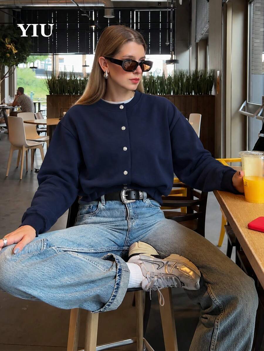 YIU LUMOS Women's Navy Cropped Cardigan, Crew Neck Gold Button Front Drop Shoulder Ribbed Cuff, Preppy Sporty Casual Jacket For Fall Winter Daily - Navy Blue - View 1