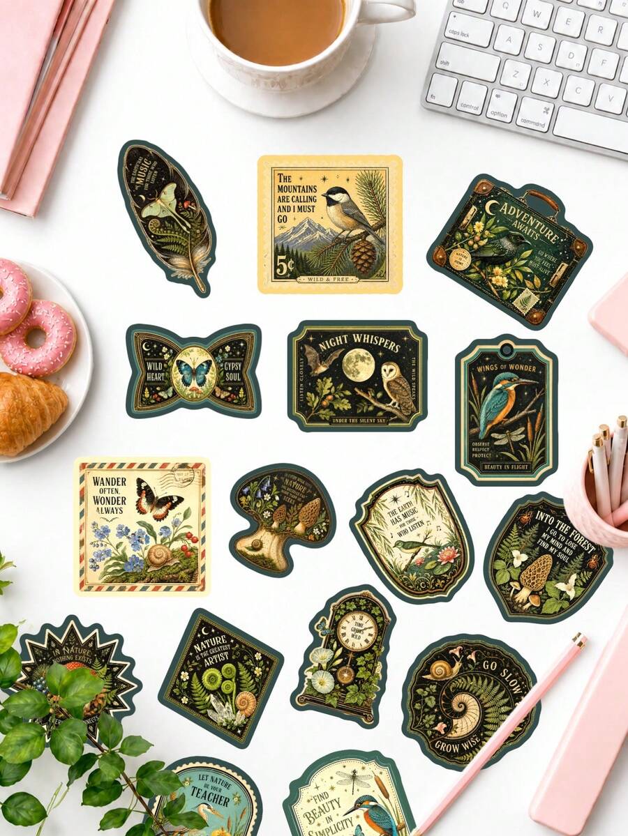 50Pcs Vintage Dark Forest Nature Stickers, Retro Bird Mushroom Wildlife Decals, Decorative Stickers For Journal Scrapbook Laptop Phone Case DIY Craft Gift Decor - Multicolor - View 1