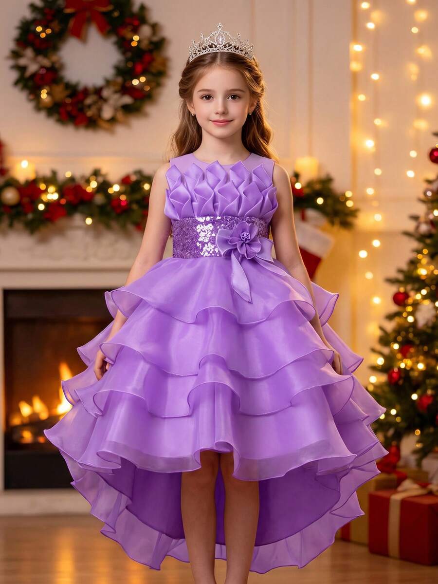 Tween Girl Sequin Patchwork Multi-Layer Tulle High-Low Tail Dress, Wedding Graduation Ceremony Puff Princess Gown, All Seasons - Mauve Purple - View 1
