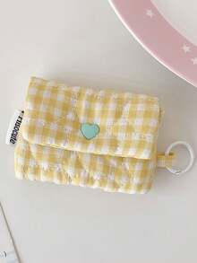 Cute Gingham Quilted Mini Pouch, Heart Snap Button Small Coin Purse With Keyring, Portable Earbud Sanitary Napkin Storage Bag - Multicolor - View 11
