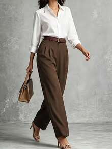 Women's High-Waist Brown Woven Fabric Straight-Leg Pants, With Pockets, Button And Zipper Closure, Suitable For Autumn - Brown - View 4