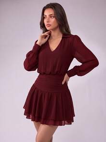 Elegant V-Neck Backless Loose Chiffon Mini Dress, Suitable For Date Night, Summer Vacation, Autumn Outings, Holidays And Countryside Activities - Burgundy - View 5