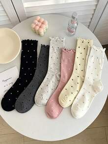 1/3/6 Pairs Korean Ins Style Ruffled Polka Dot Slouch Socks, Women's Mid-Calf Socks, Japanese Ballet Core Frilly Socks, For Autumn - Multicolor - View 8