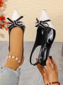 Black And White Color Block Pointed Toe Slingback Stiletto High Heel Pumps For Women With Bow Decor And Buckle Strap, Party Dress Shoes - Black - View 2