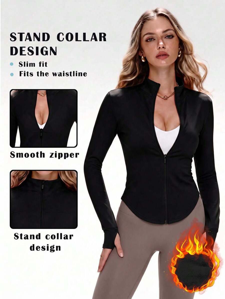 1pc Women's Autumn/Winter Brushed Zipper Thumbhole Long Sleeve Sports Jacket, Solid Color Versatile Slim Fit U-Hem Design