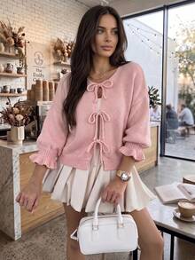 Autumn New Women's Front Bowknot Ruffle Bell Sleeve Drop Shoulder Loose Pink Cardigan, Halloween Costume, Women's Elegant Cardigan, Sweet Style Outerwear Top, Holiday Outfit, Concert Outfit, Birthday Outfit, Women's Concert Outfit - Pink - View 5