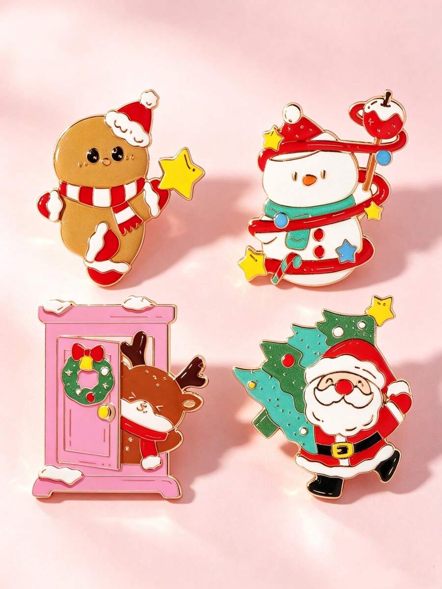 Christmas Enamel Brooch Pins Set, Cute Santa Claus And Reindeer Door Lapel Pin, Gold Tone Cartoon Xmas Badge For Jacket Backpack Holiday Gift - Multicolor - View 1