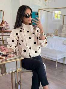 Chaqueta Bomber con Bolsillo de Lunares de Manga Larga y Cuello Alto para Mujer 2026, Estilo Casual Universitario, Otoño/Invierno - Blanco y Negro - Ver 2