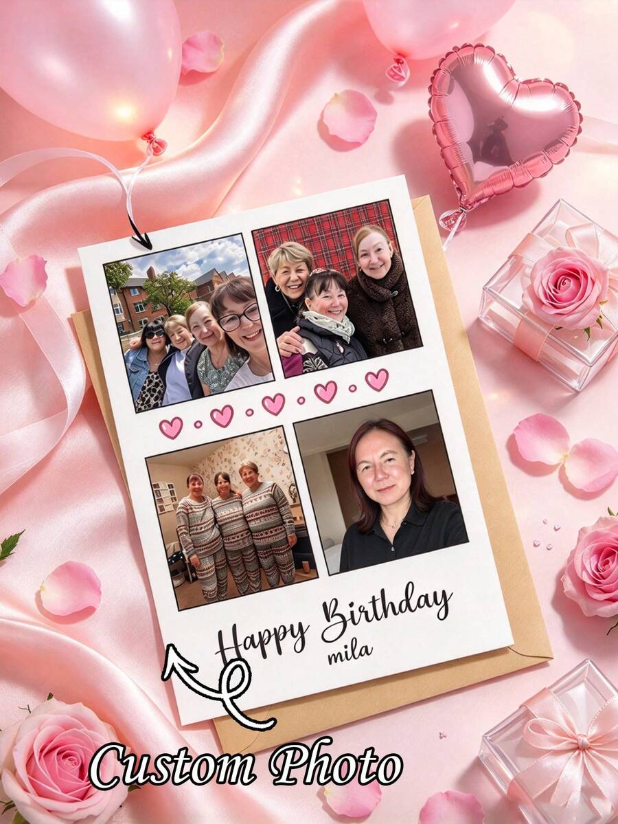Personalized Photo Collage Card With 4-Slot Photo Frame, Customizable Name And Message, Suitable For Birthday, Anniversary, Family Milestone, Nostalgic Paper Gift, For Him/Her, Siblings, Relatives, Preserve Precious Memories - Multicolor - View 1