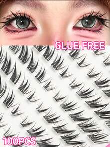 100 Clusters C-Curl Cartoon Style Glue-Free False Eyelashes, DIY Segmented Glue-Free False Eyelashes, Suitable For Beginners, Soft C-Curl Natural Thin Single Cluster Self-Adhesive Eyelashes, Easy To Use, Suitable For Daily And Party Makeup - C - View 6