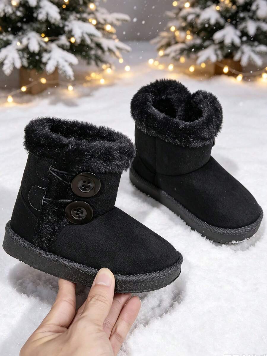1 Pair Short Warm Snow Boots, Faux Suede + Double Large Button Decor, Round Toe Soft Sole Anti-Slip Design, Cute Princess Style Outdoor Boots, Suitable For Daily Campus Skiing, Autumn/Winter New