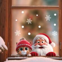 1pc Christmas Window Decor Sticker, Santa Claus & Cute Cat Combination PVC Static Cling Sticker, With Snowflake & Polka Dot Elements, Suitable For Mall Windows, Cafe Glass Decoration, Quickly Enhances Christmas Atmosphere, Home Decor - one-size - View 5