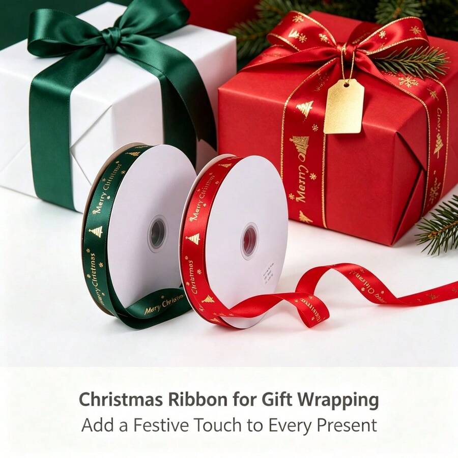 Christmas Gold Foil Ribbon 25 Yards 1cm Wide Christmas Tree Decoration DIY Bow Handmade Party Supplies Holiday Gift Wrapping Ribbon - A - View 1