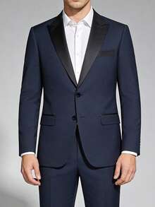 Men's Notched Collar Suit, Navy Blue, Business Formal Two Pieces Suit, Stylish & Minimalist Design - Navy Blue - View 3