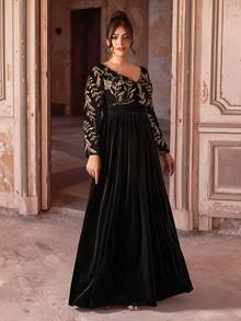 Plus Size Elegant Gold Sequin Embroidered Velvet Long Evening Dress, V-Neck Long Sleeve Cinched Waist A-Line Formal Gown, Suitable For Wedding Party - Black - View 6