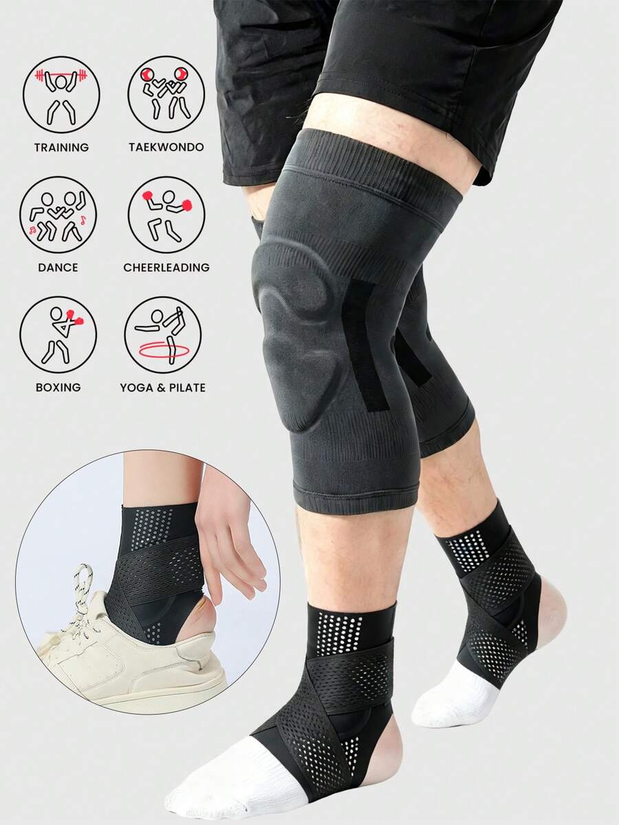 1set,Sports Knee Brace, Fitness Cycling Sports Protective Gear, Anti-Slip Universal Basketball Knee Support, Thin Breathable Protector With Straps For Ankle - Multicolor - View 1